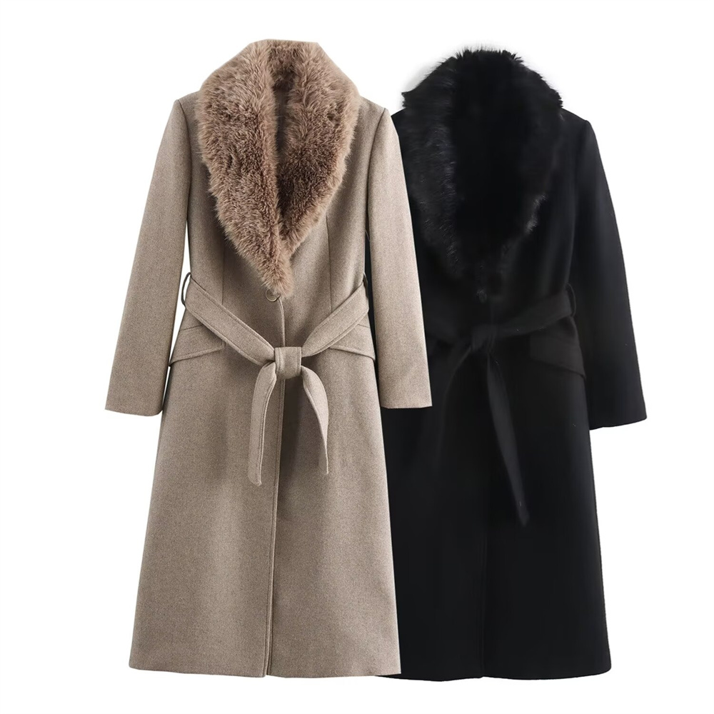 Women's Belt Warm Fur Collar C - Wool Coat Peacoat recension och pris