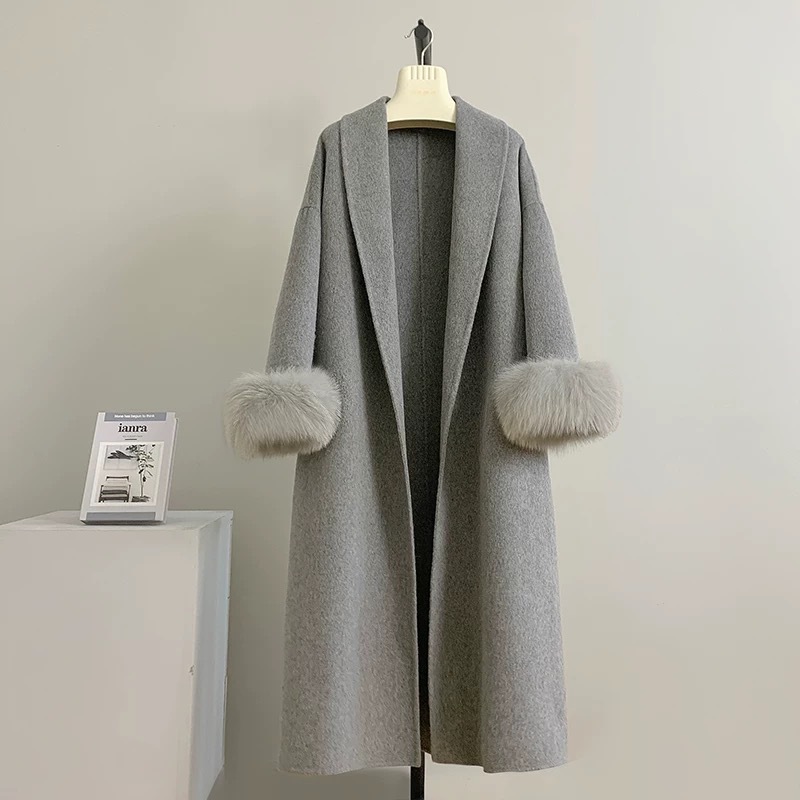 Women's Real Fox Fur Belted Lo - Wool Coat Peacoat recension och pris