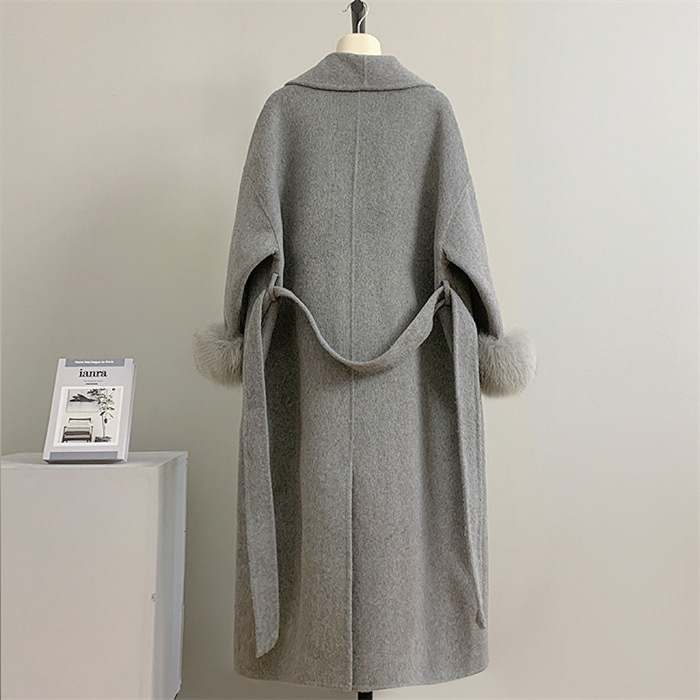 Women's Real Fox Fur Belted Lo - Wool Coat Peacoat recension och pris