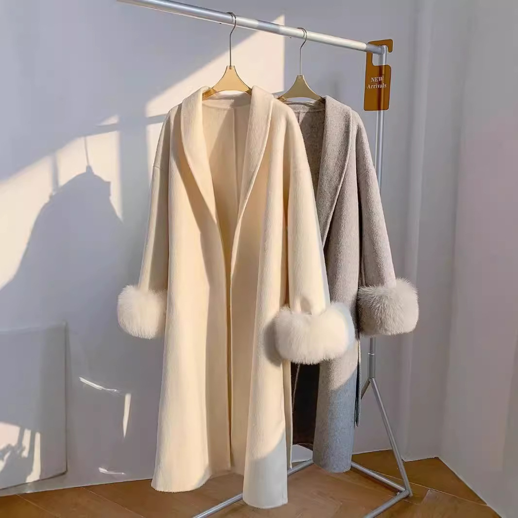 Women's Real Fox Fur Belted Lo - Wool Coat Peacoat recension och pris