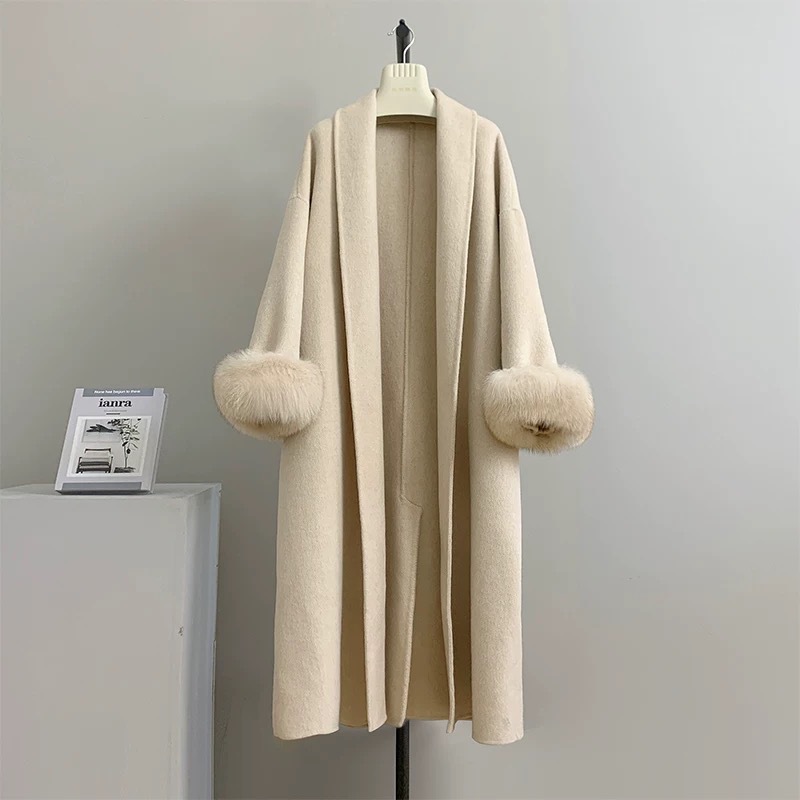 Women's Real Fox Fur Belted Lo - Wool Coat Peacoat recension och pris